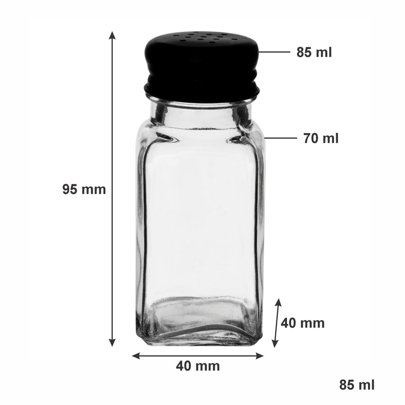 REGENT CLEOPATRA SALT & PEPPER GLASS SHAKERS WITH BLACK LIDS, 85ML