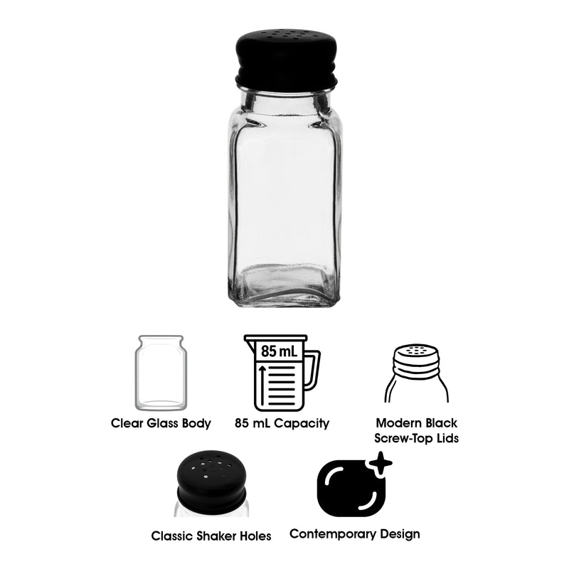 REGENT CLEOPATRA SALT & PEPPER GLASS SHAKERS WITH BLACK LIDS, 85ML