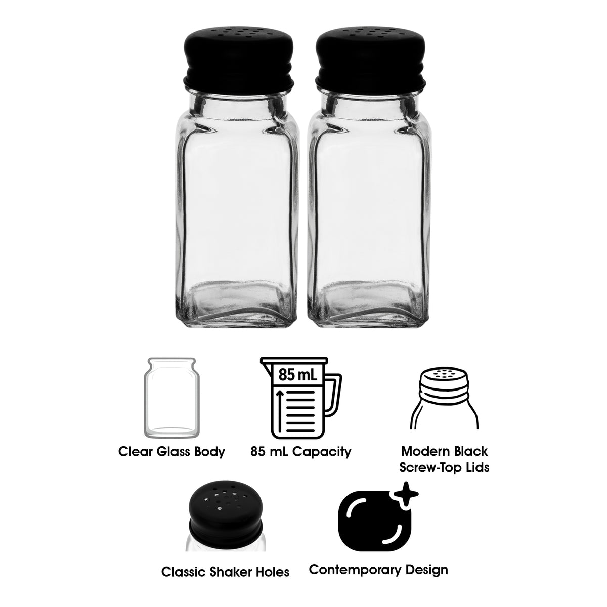 REGENT CLEOPATRA SALT & PEPPER GLASS SHAKERS WITH BLACK LIDS 2PK, 85ML