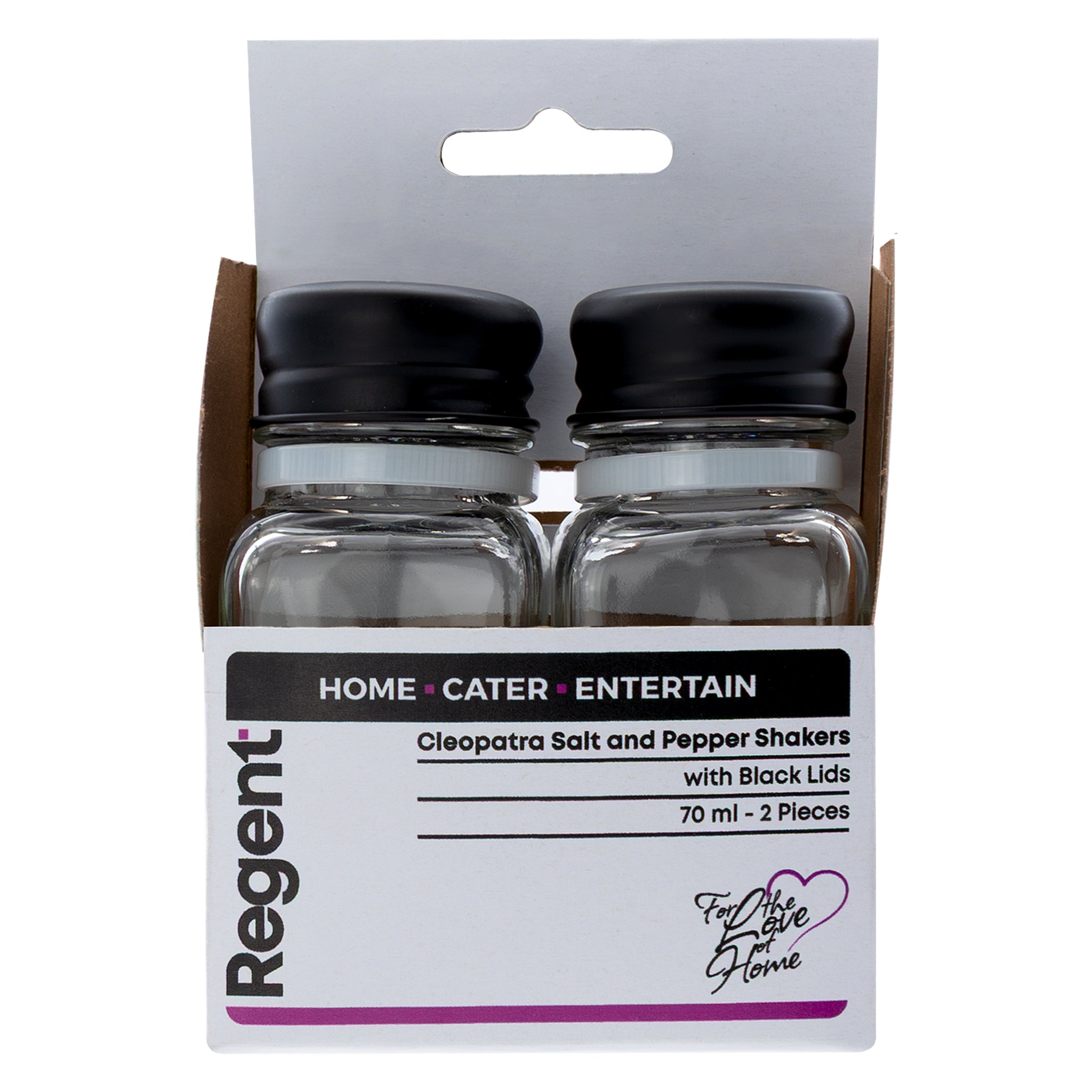 REGENT CLEOPATRA SALT & PEPPER GLASS SHAKERS WITH BLACK LIDS 2PK SET