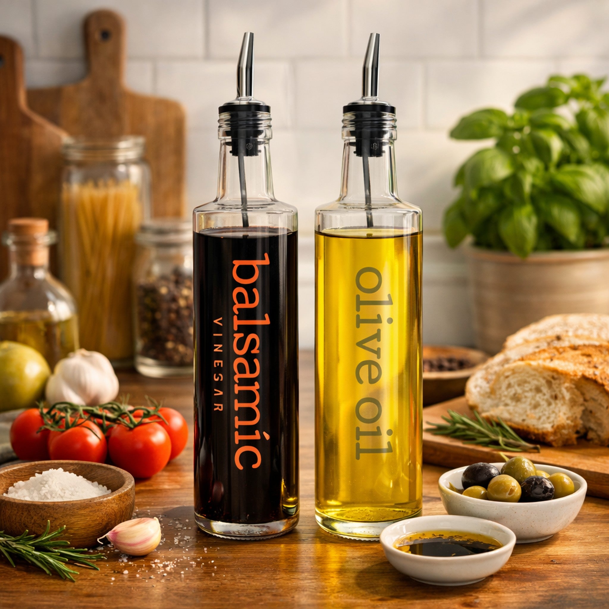 REGENT ROUND PRINTED OLIVE OIL & BALSAMIC BOTTLES WITH POURERS EA, 500ML