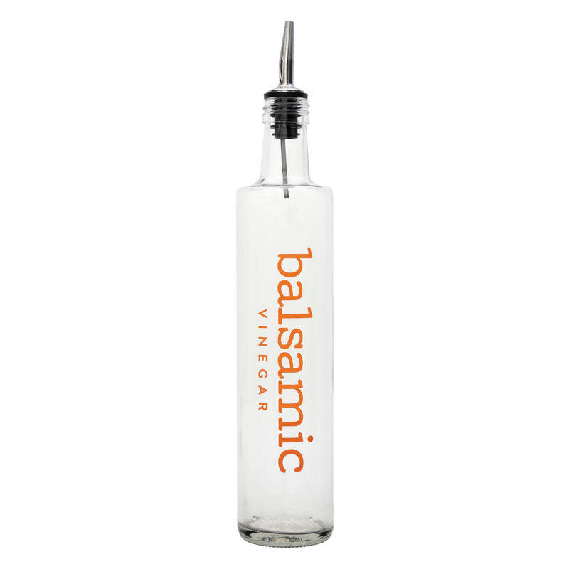 REGENT ROUND OLIVE OIL & BALSAMIC BOTTLES PRINTED, WITH POURERS EA, 500ML (335X60MM DIA)