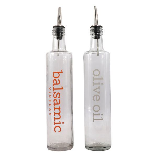 REGENT ROUND OLIVE OIL & BALSAMIC BOTTLES PRINTED, WITH POURERS EA, 500ML (335X60MM DIA)
