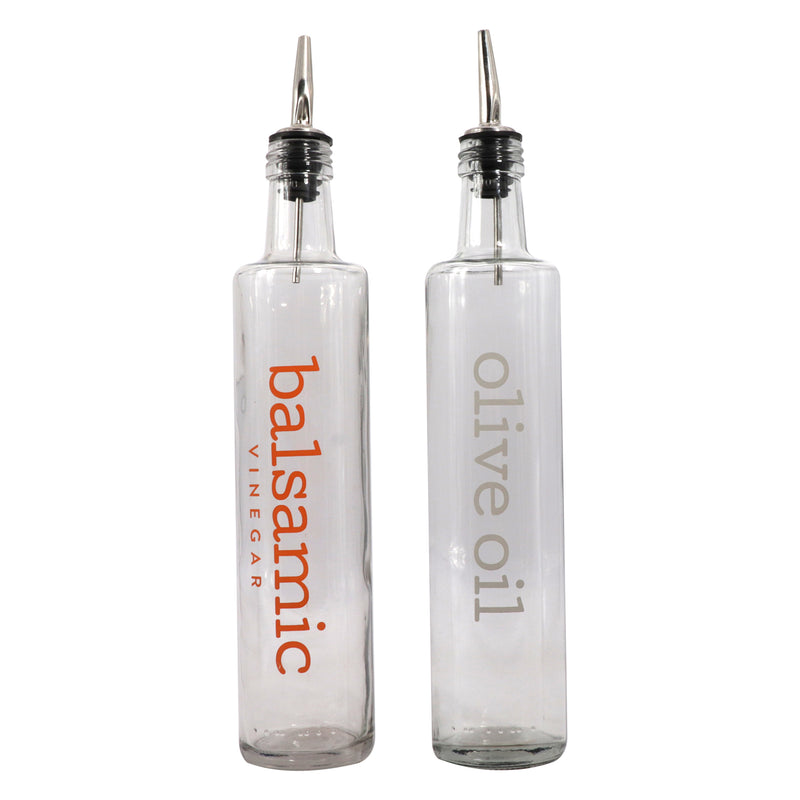 REGENT ROUND OLIVE OIL & BALSAMIC BOTTLES PRINTED, WITH POURERS EA, 500ML (335X60MM DIA)