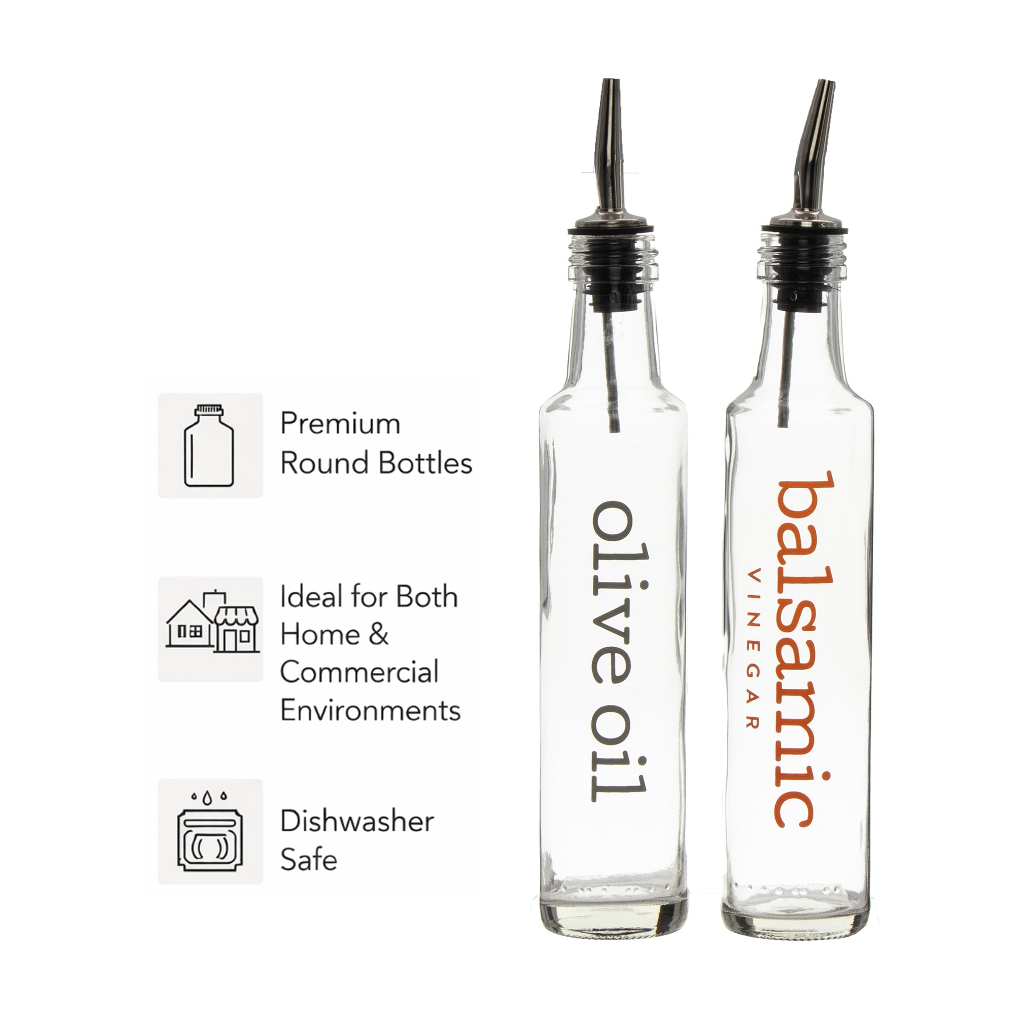 REGENT ROUND PRINTED OLIVE OIL & BALSAMIC VINEGAR BOTTLES WITH POURERS EA, 250ML