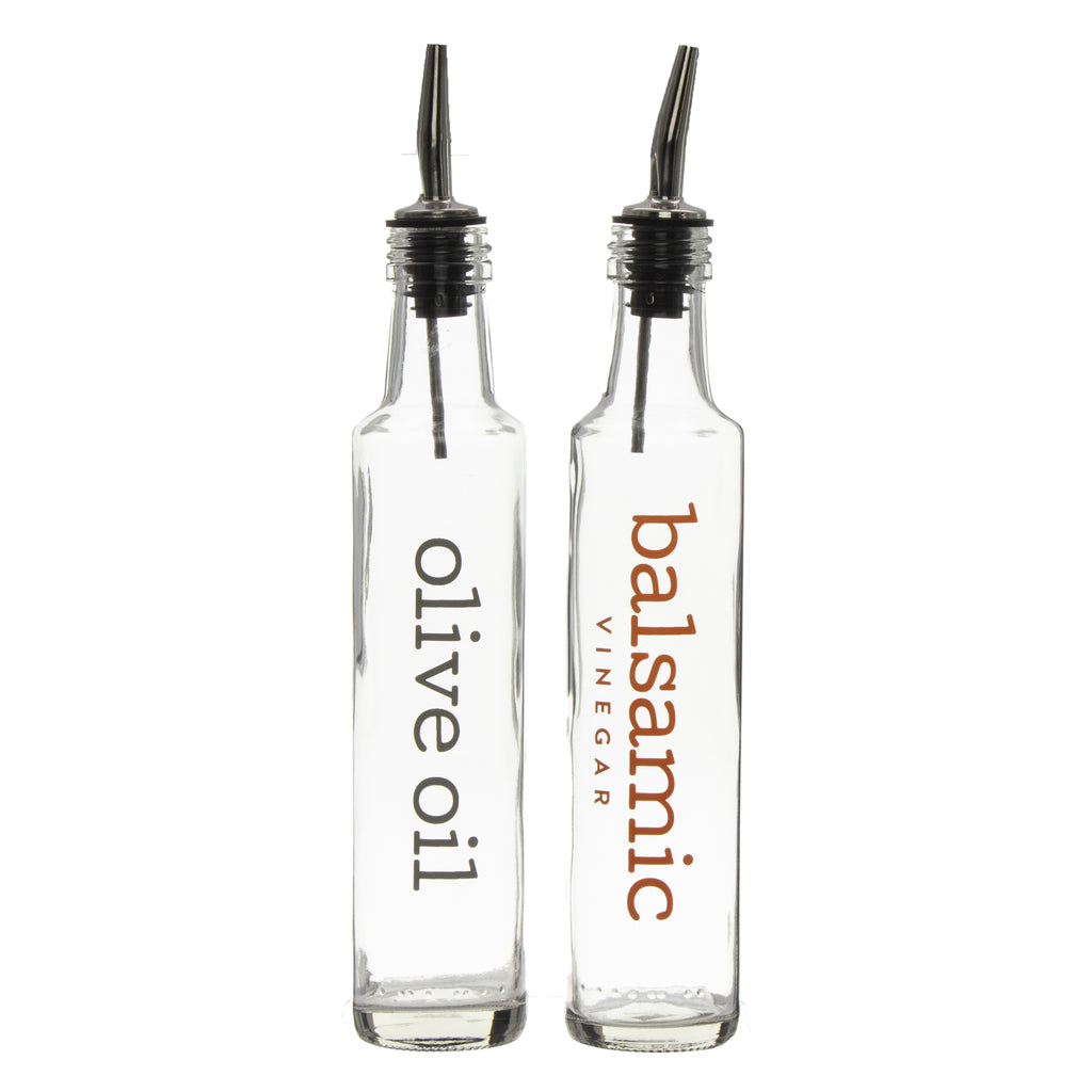 REGENT ROUND PRINTED OLIVE OIL & BALSAMIC VINEGAR BOTTLES WITH POURERS EA, 250ML