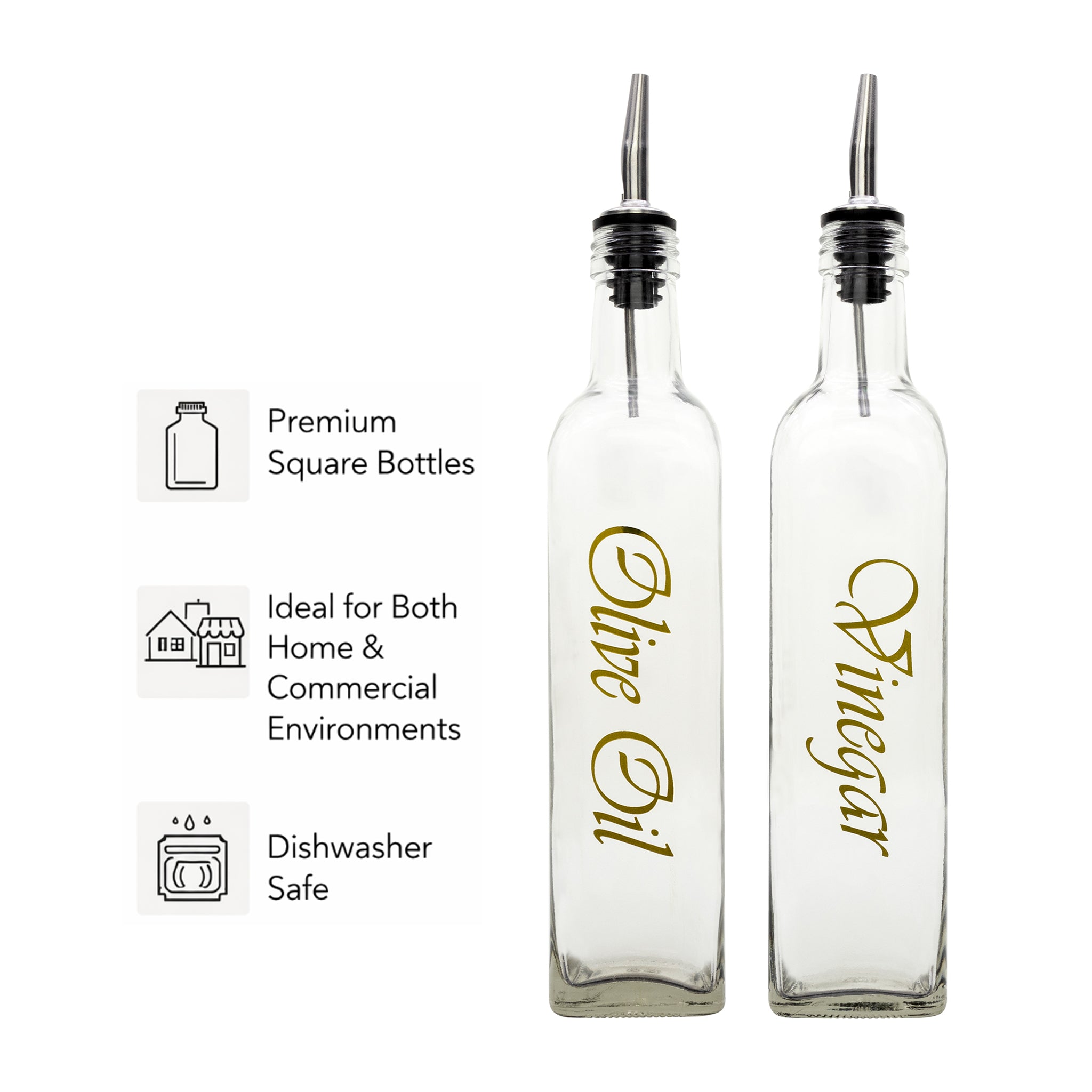 REGENT SQUARE GOLD PRINTED OLIVE OIL & VINEGAR BOTTLES WITH POURERS EA, 500ML