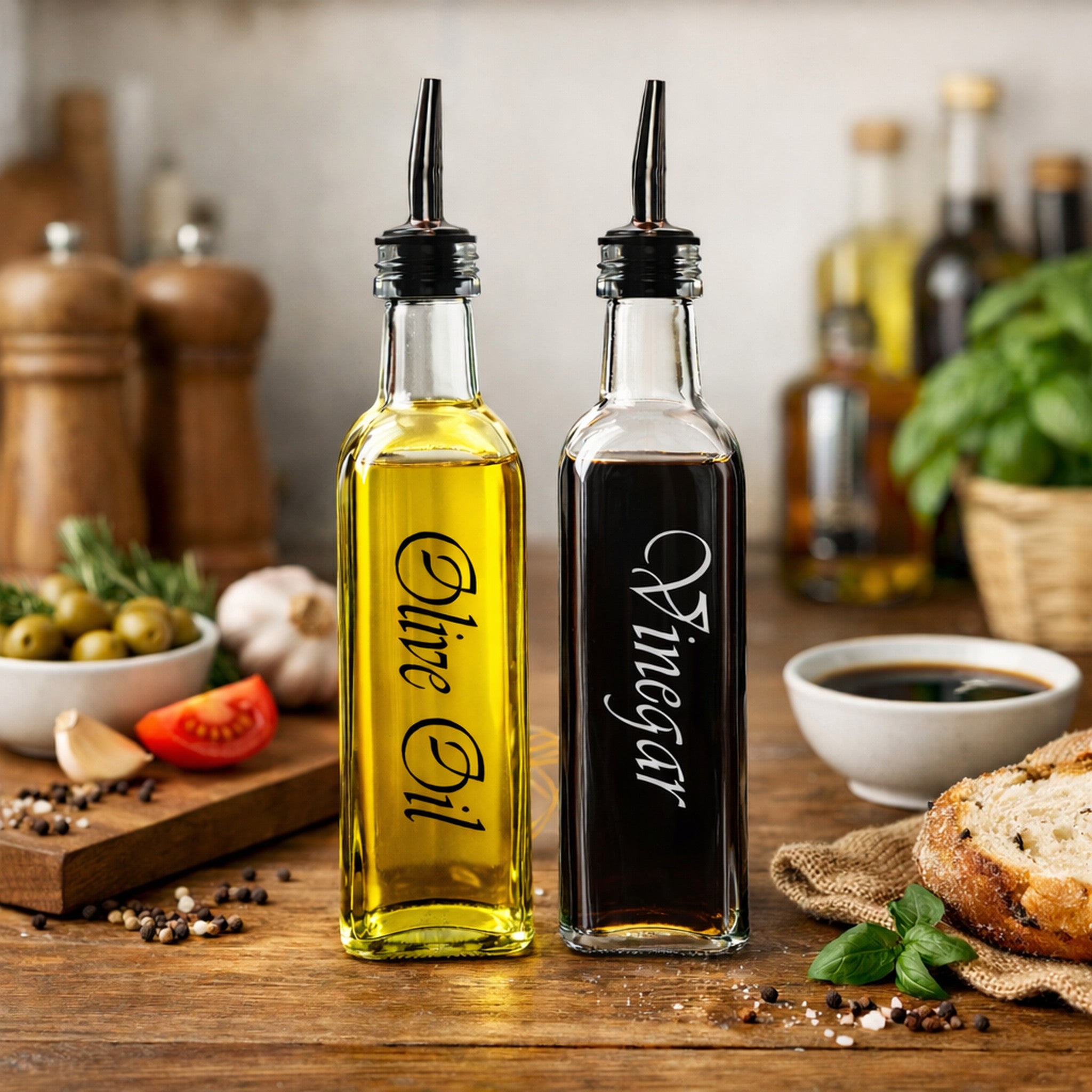 REGENT SQUARE GOLD PRINTED OLIVE OIL & VINEGAR BOTTLES WITH POURERS EA, 500ML
