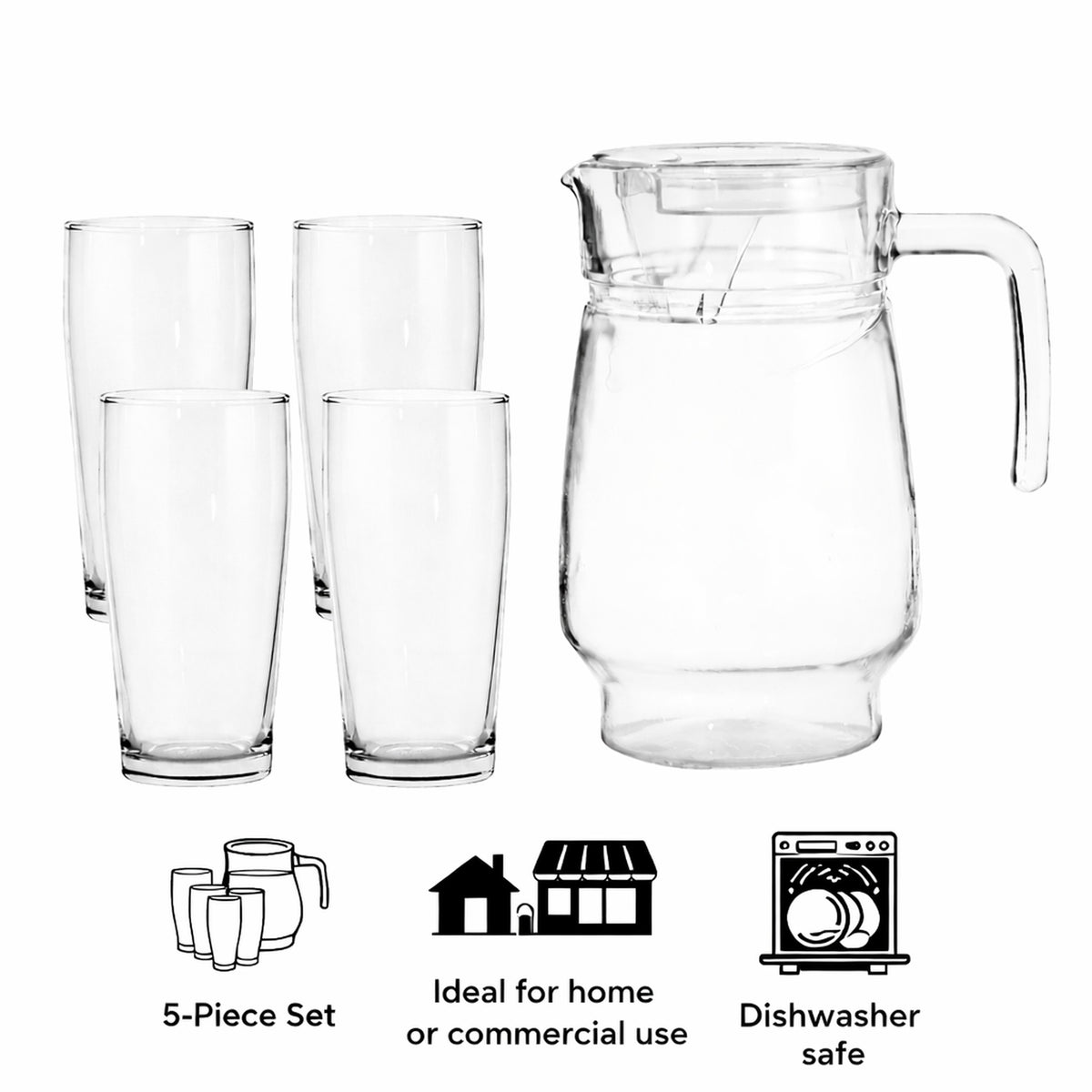 REGENT GLASS WATER JUG 1.6L + 4 WILLY TUMBLERS 380ML - 5PCS SET