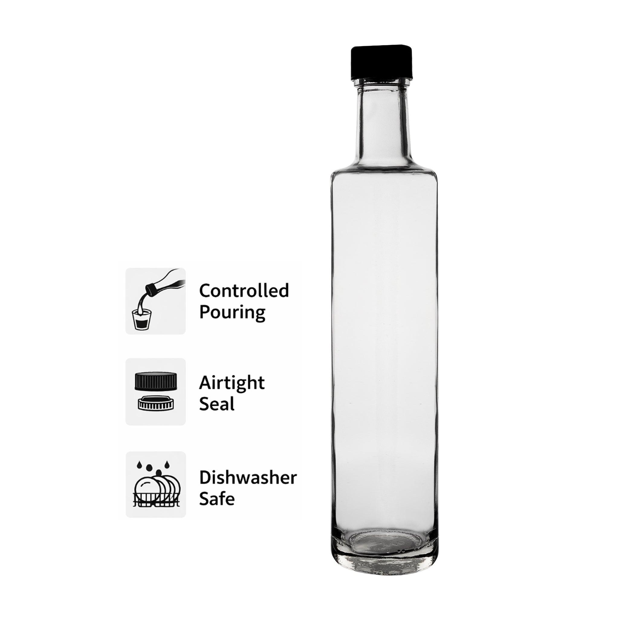 CONSOL ROUND OIL/VINEGAR BOTTLE WITH BLACK LID, 500ML