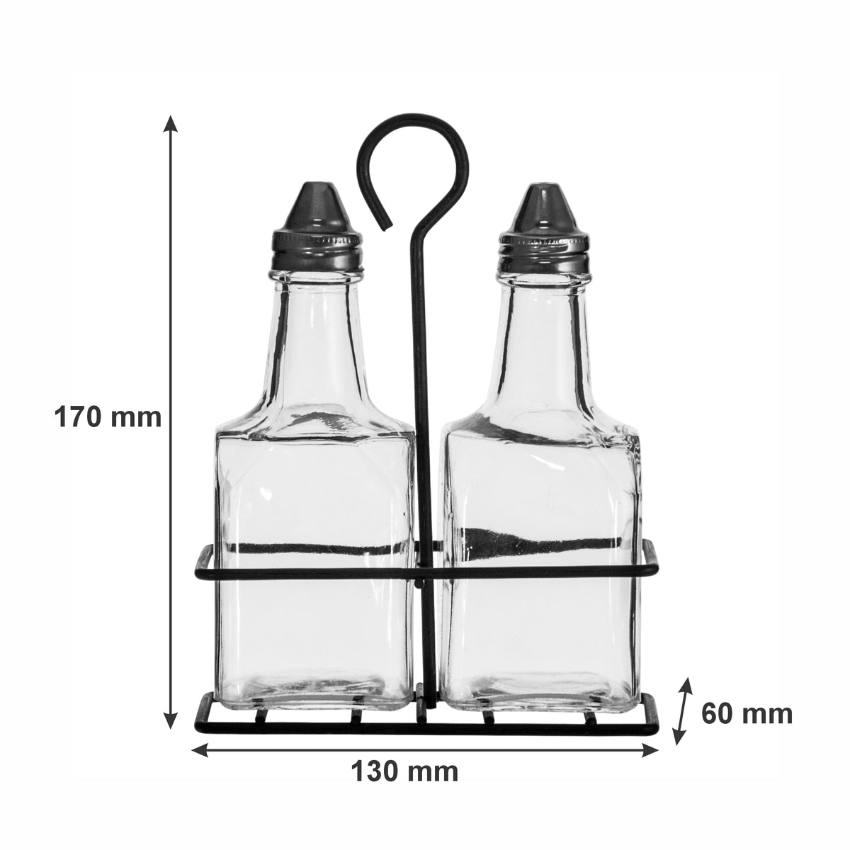 REGENT GLASS SQUARE OIL & VINEGAR BOTTLES IN A BLACK CADDY 3PK SET