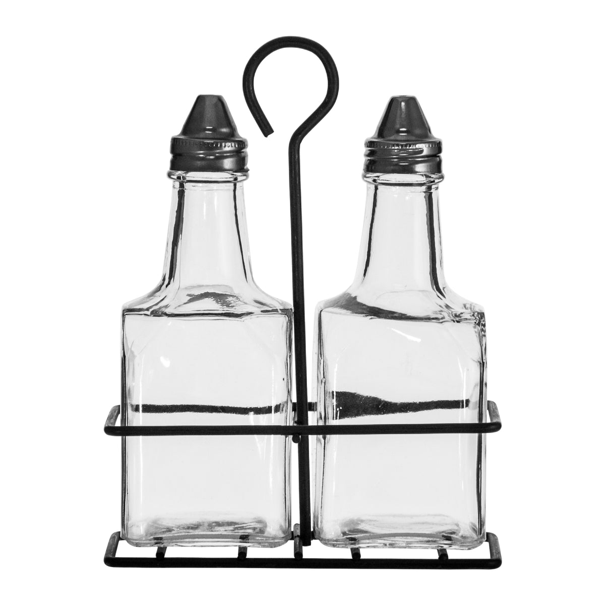 REGENT GLASS SQUARE OIL & VINEGAR BOTTLES IN A BLACK CADDY 3PK SET