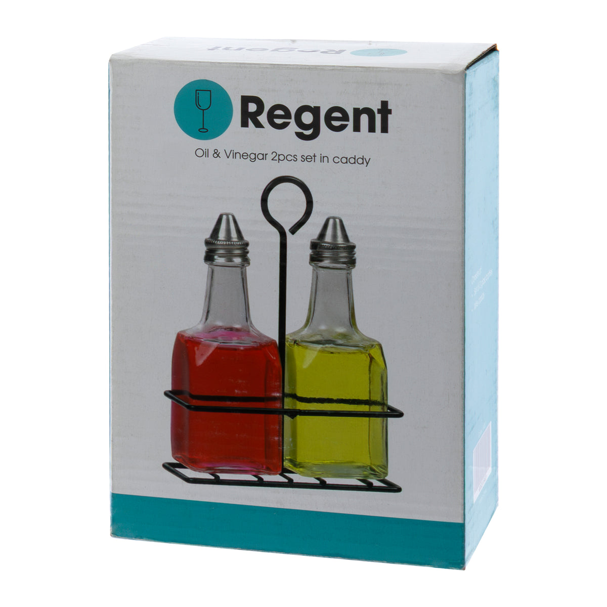 REGENT GLASS SQUARE OIL & VINEGAR BOTTLES IN A BLACK CADDY 3PK SET