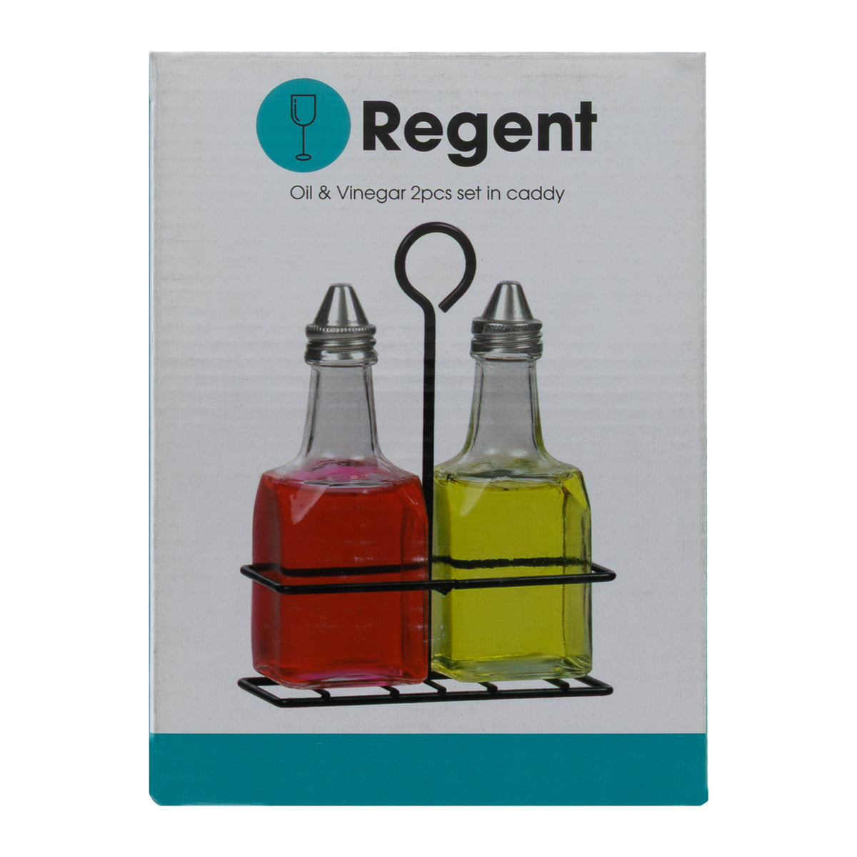 REGENT GLASS SQUARE OIL & VINEGAR BOTTLES IN A BLACK CADDY 3PK SET