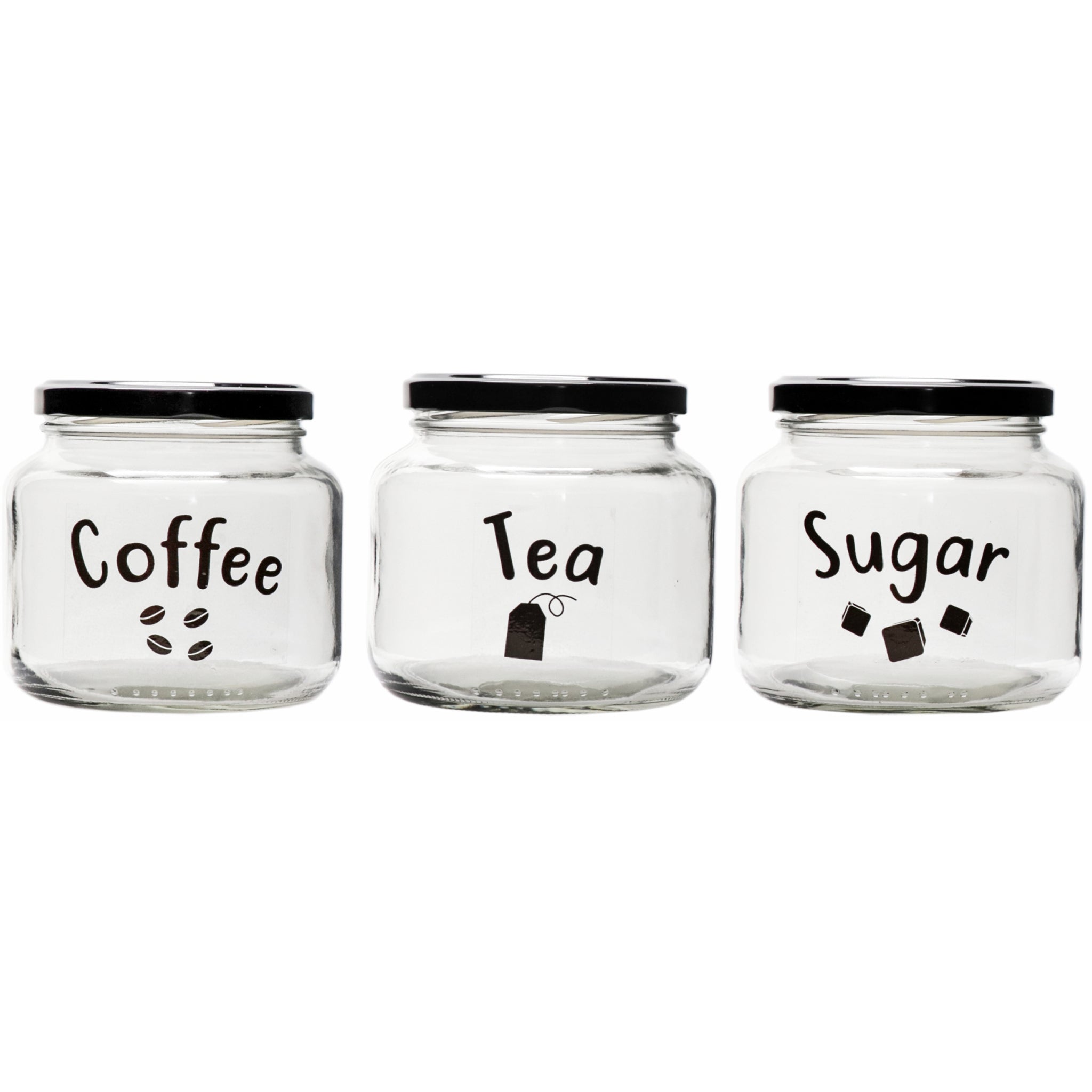 REGENT GLASS TEA, COFFEE, SUGAR PRINTED CANISTERS 3PK SET, 500ML