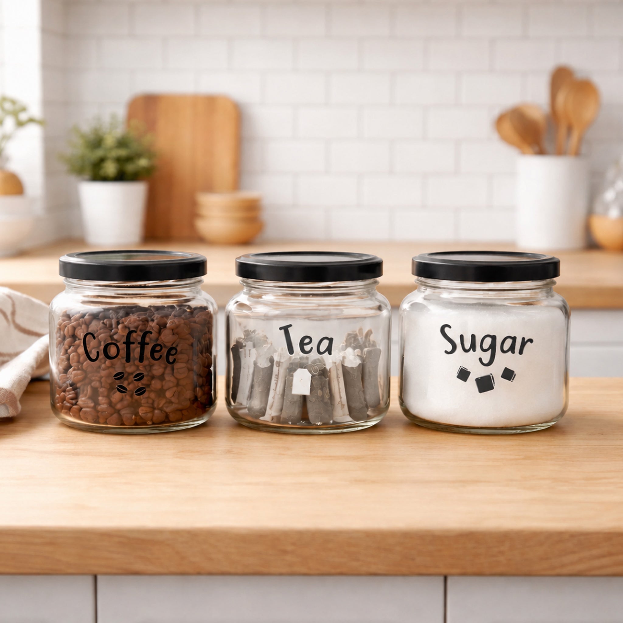 REGENT GLASS TEA, COFFEE, SUGAR PRINTED CANISTERS 3PK SET, 500ML