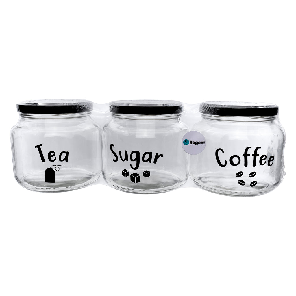 REGENT GLASS TEA, COFFEE, SUGAR PRINTED CANISTERS 3 PIECE SET, 500ML (95X100MM DIA)