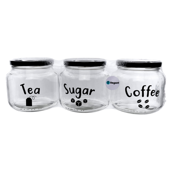REGENT GLASS TEA, COFFEE, SUGAR PRINTED CANISTERS 3 PIECE SET, 500ML (95X100MM DIA)