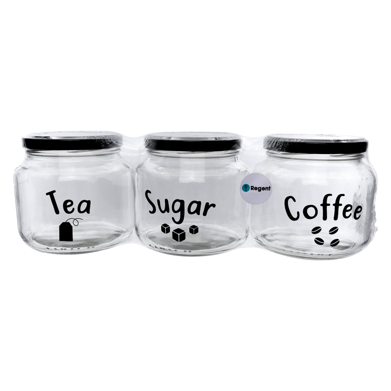 REGENT GLASS TEA, COFFEE, SUGAR PRINTED CANISTERS 3 PIECE SET, 500ML (95X100MM DIA)