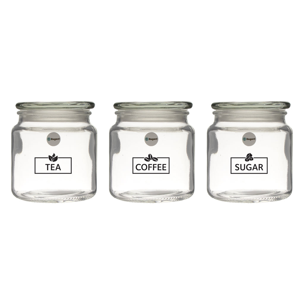 REGENT GLASS TEA, COFFEE AND SUGAR CANISTERS 3PK SET, 550ML