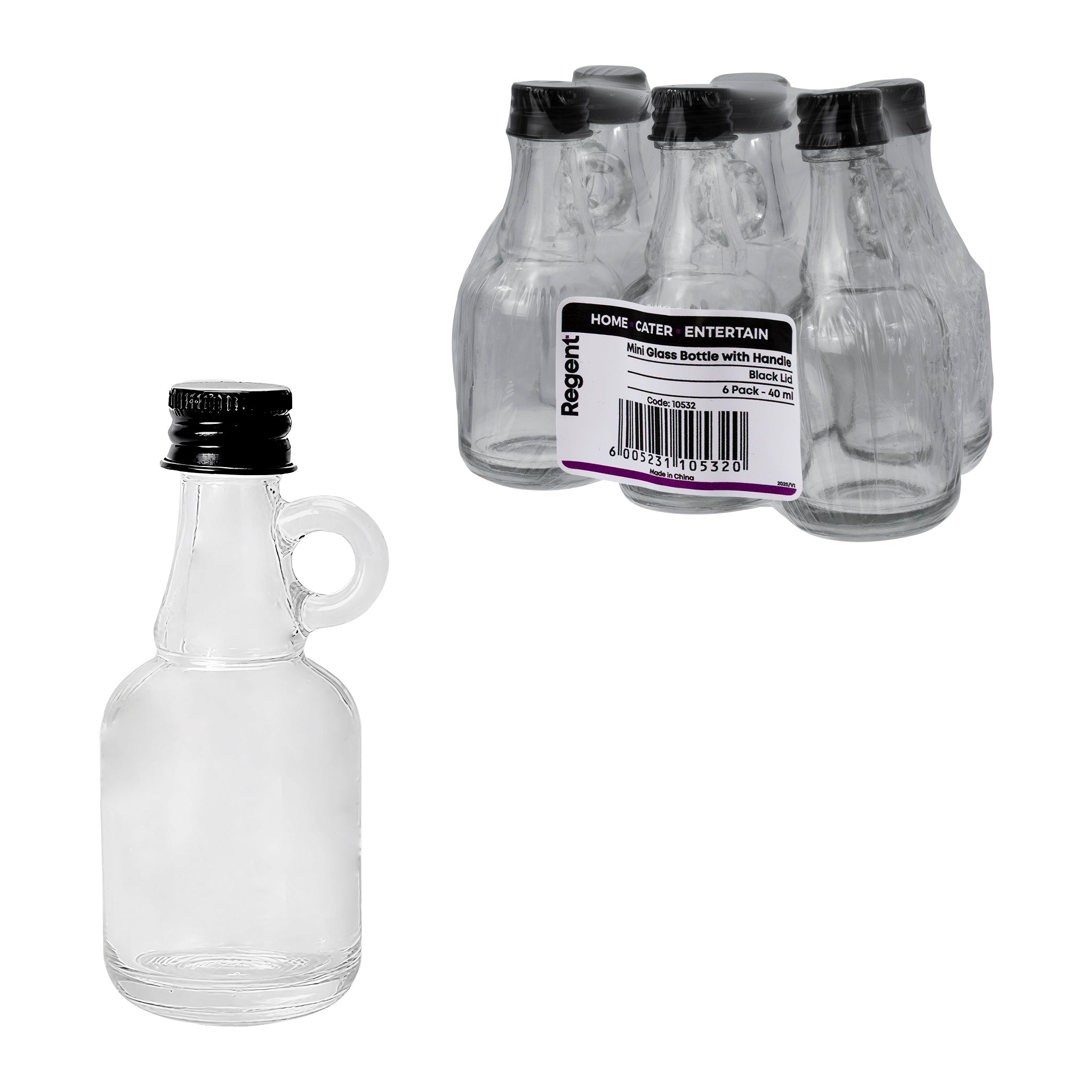 REGENT MINI GLASS BOTTLE WITH RING HANDLE AND BLACK LID 6PK, 40ML