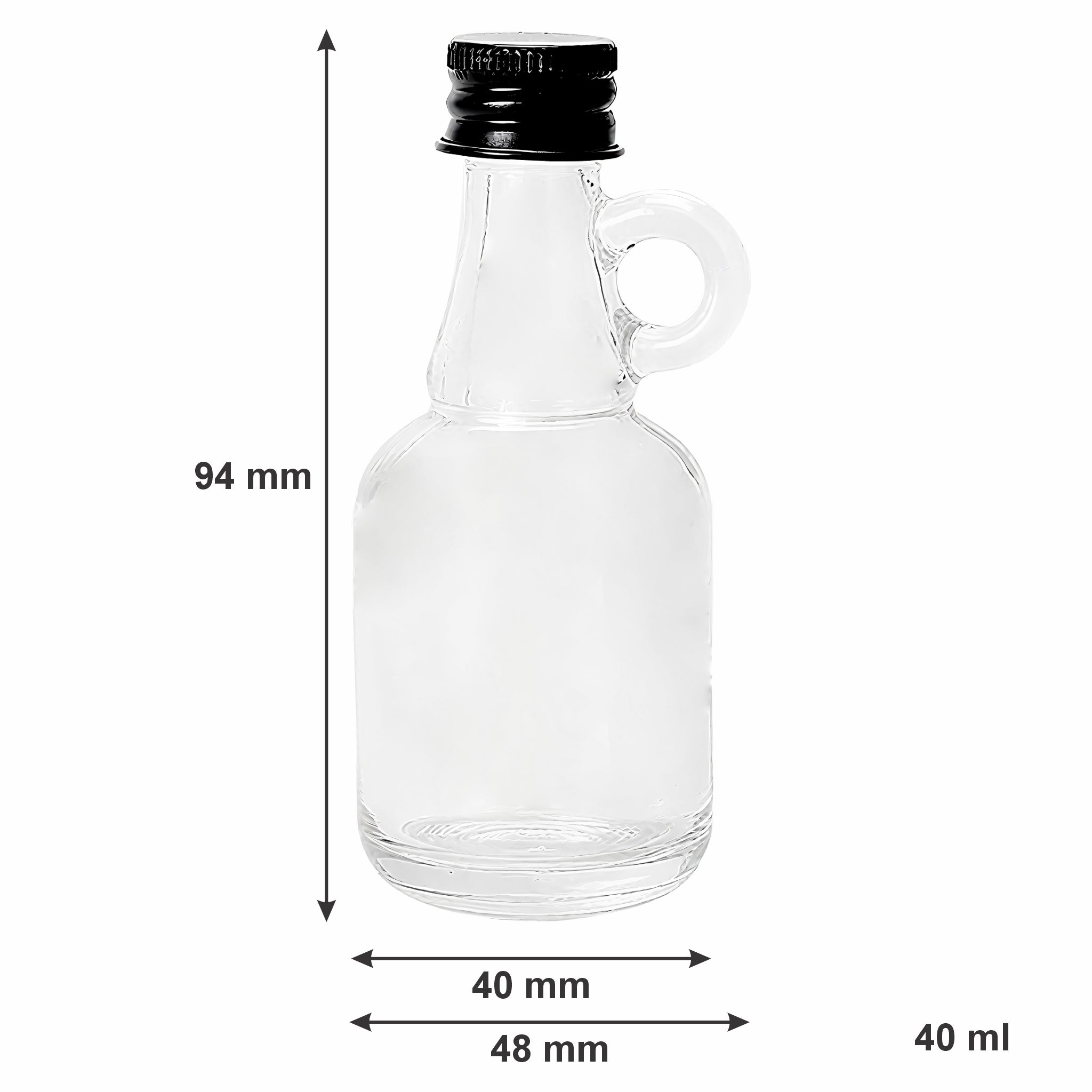 REGENT MINI GLASS BOTTLE WITH RING HANDLE AND BLACK LID 6PK, 40ML