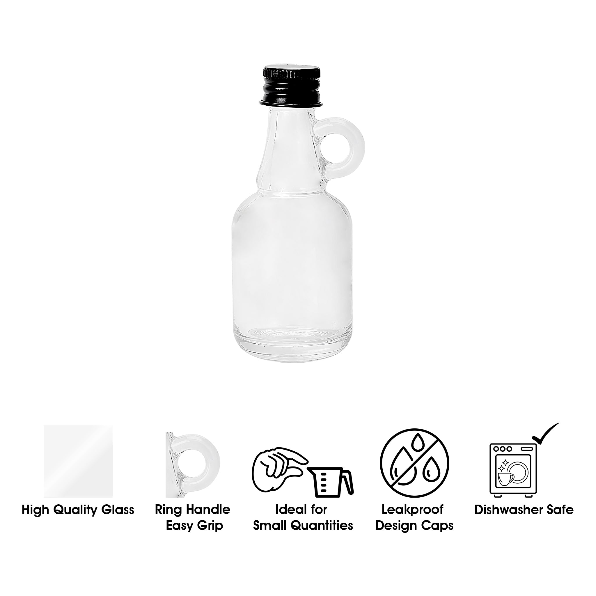 REGENT MINI GLASS BOTTLE WITH RING HANDLE AND BLACK LID 6PK, 40ML