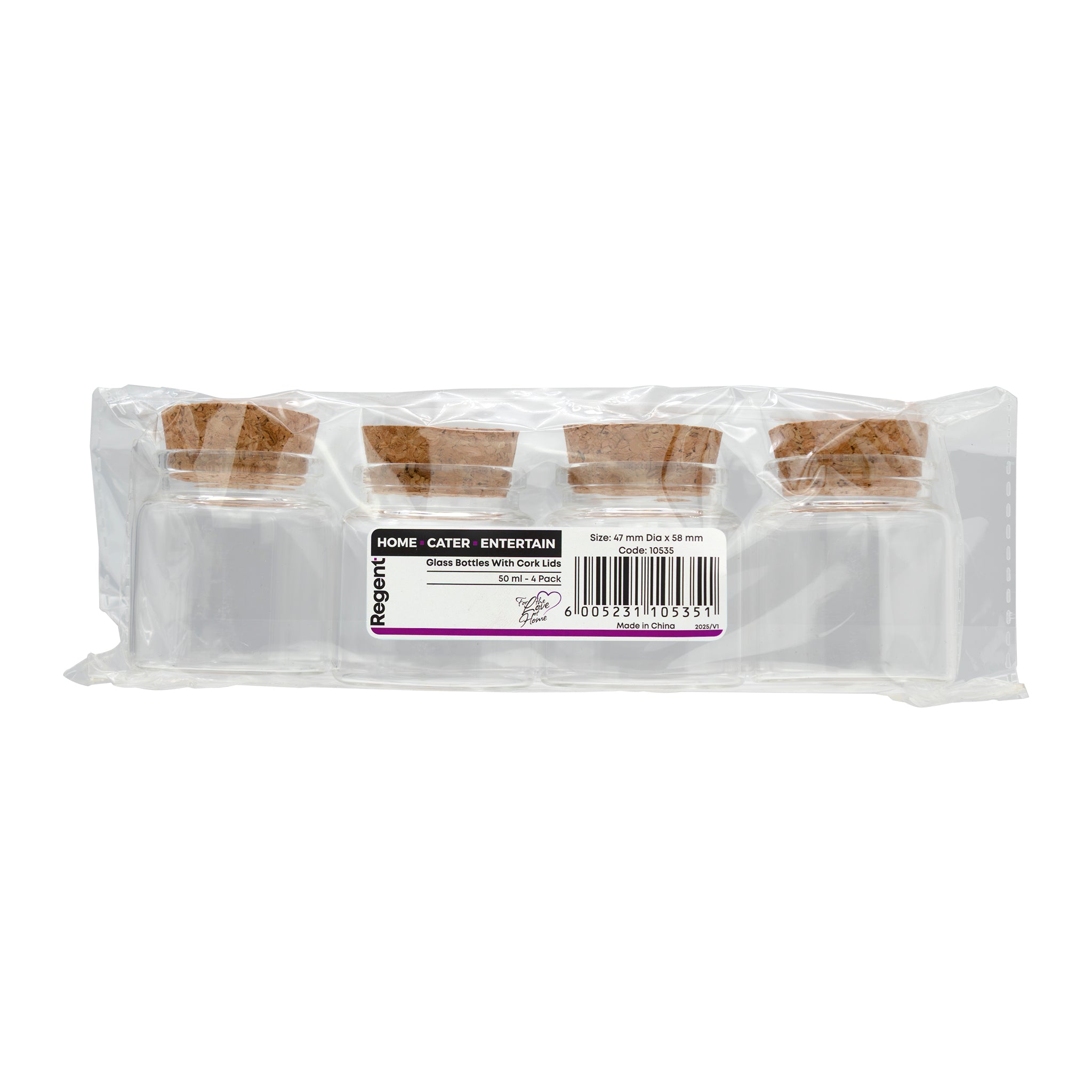REGENT GLASS BOTTLES WITH CORK LIDS 4PK, 50ML