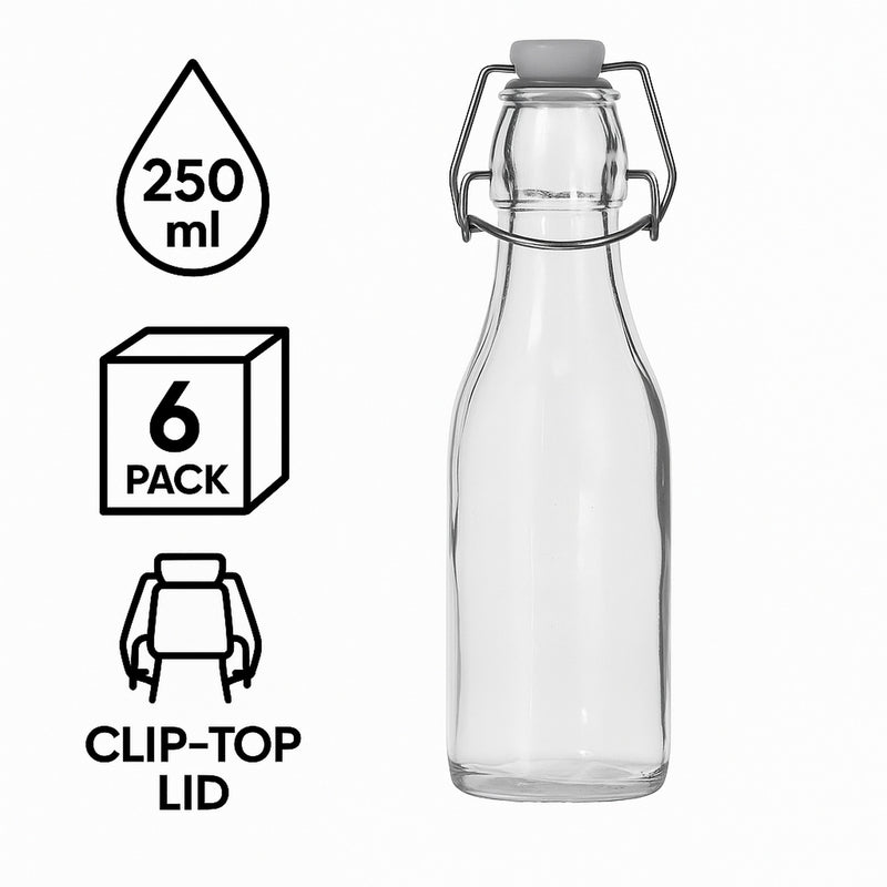 REGENT GLASS BOTTLES WITH WHITE CLIP TOP LIDS 6 PACK, 250ML