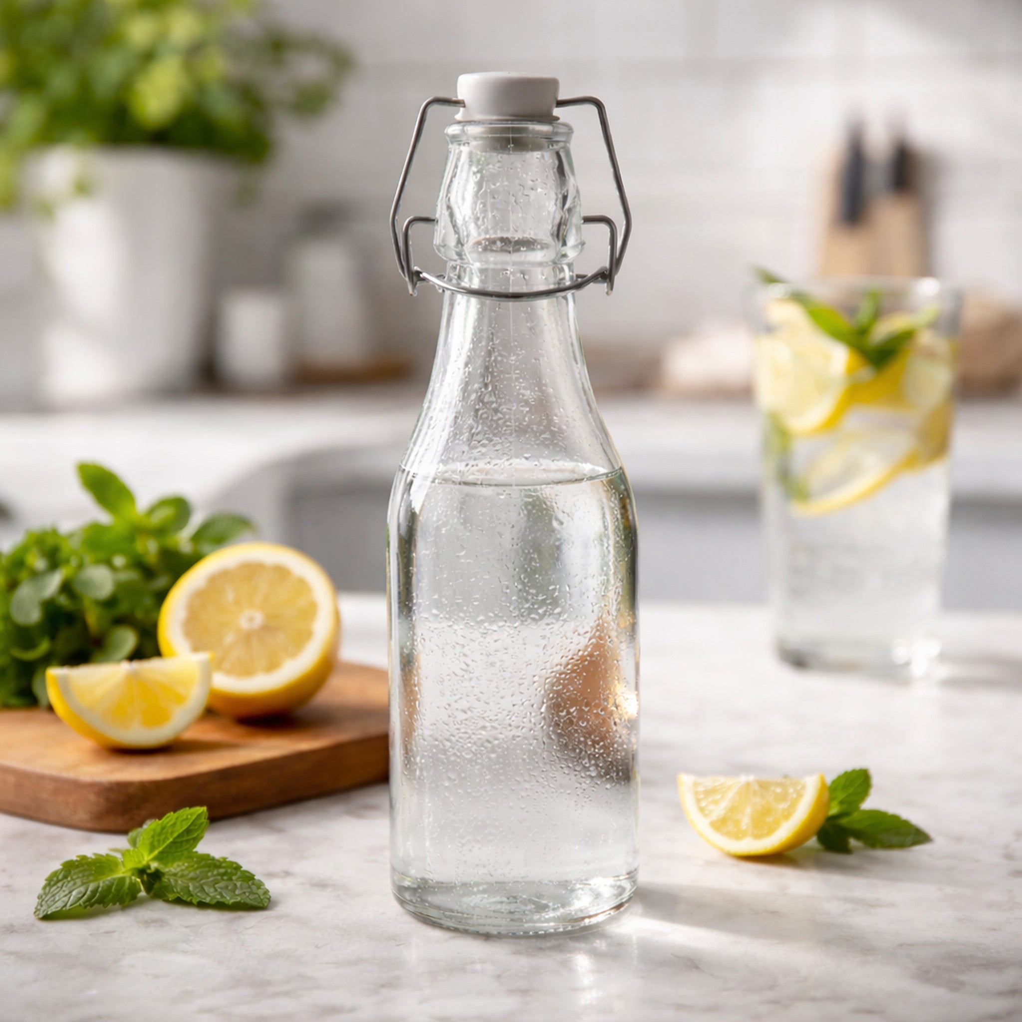 REGENT GLASS BOTTLES WITH WHITE CLIP TOP LIDS 6PK, 250ML