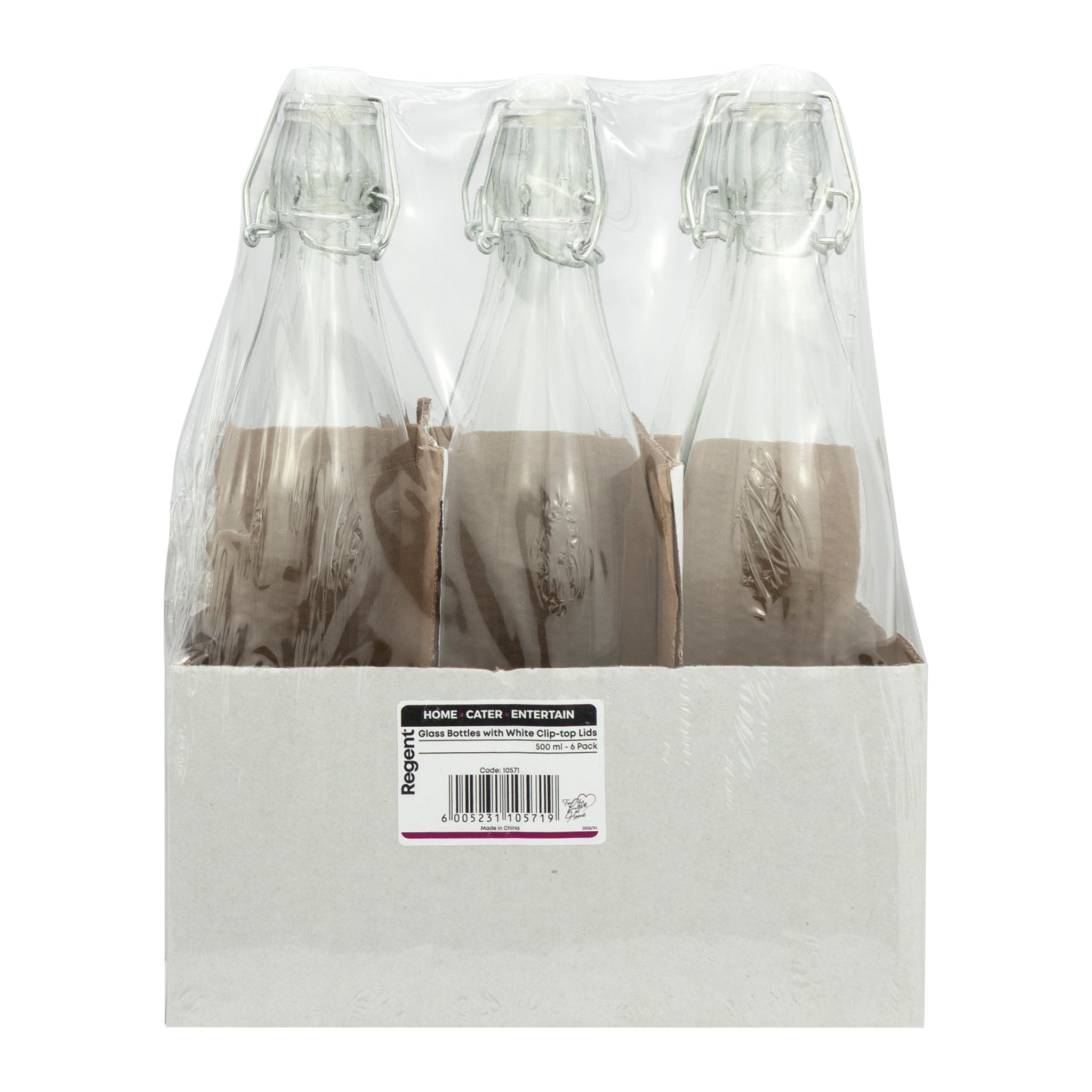 REGENT GLASS BOTTLES WITH WHITE CLIP TOP LIDS 6PK, 500ML