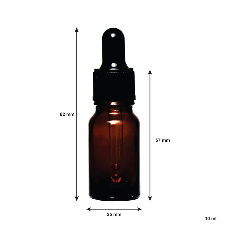 REGENT AMBER GLASS BOTTLE WITH BLACK PLASTIC DROPPER LID 4 PIECE, 10ML (25MM DIAX82MM)