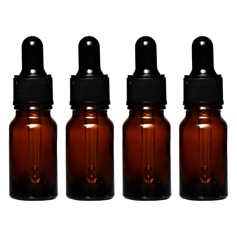 REGENT AMBER GLASS BOTTLE WITH BLACK PLASTIC DROPPER LID 4 PIECE, 10ML (25MM DIAX82MM)