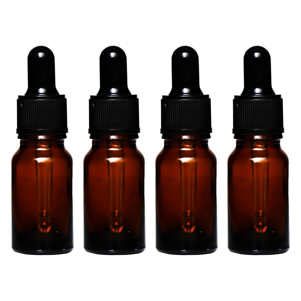 REGENT AMBER GLASS BOTTLE WITH BLACK PLASTIC DROPPER LID 4 PIECE, 10ML
