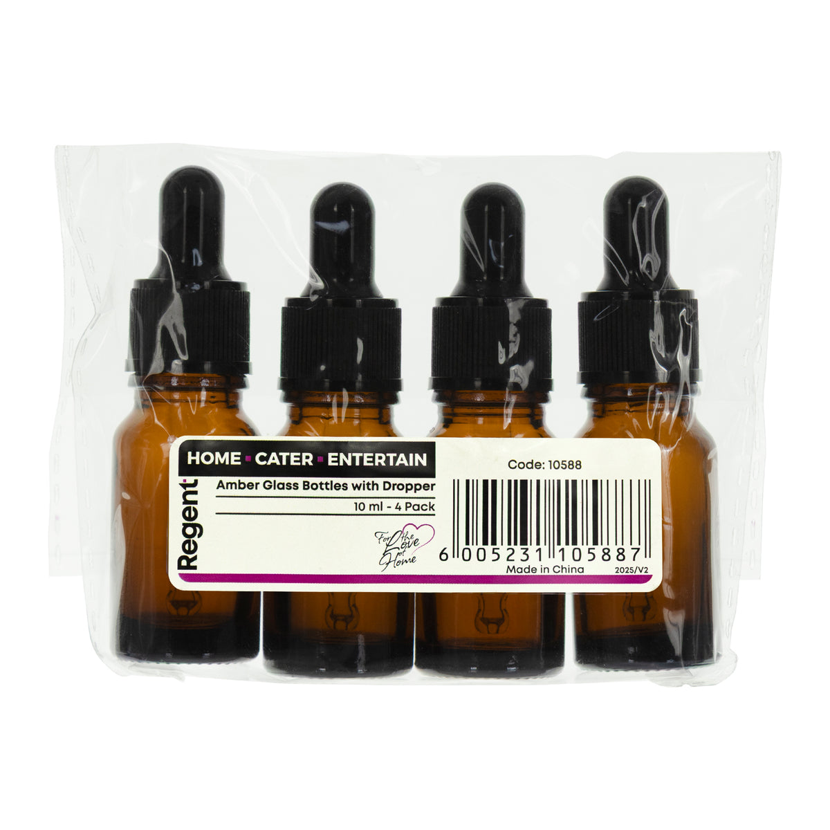 REGENT AMBER GLASS BOTTLES WITH BLACK PLASTIC DROPPER LIDS 4PK, 10ML