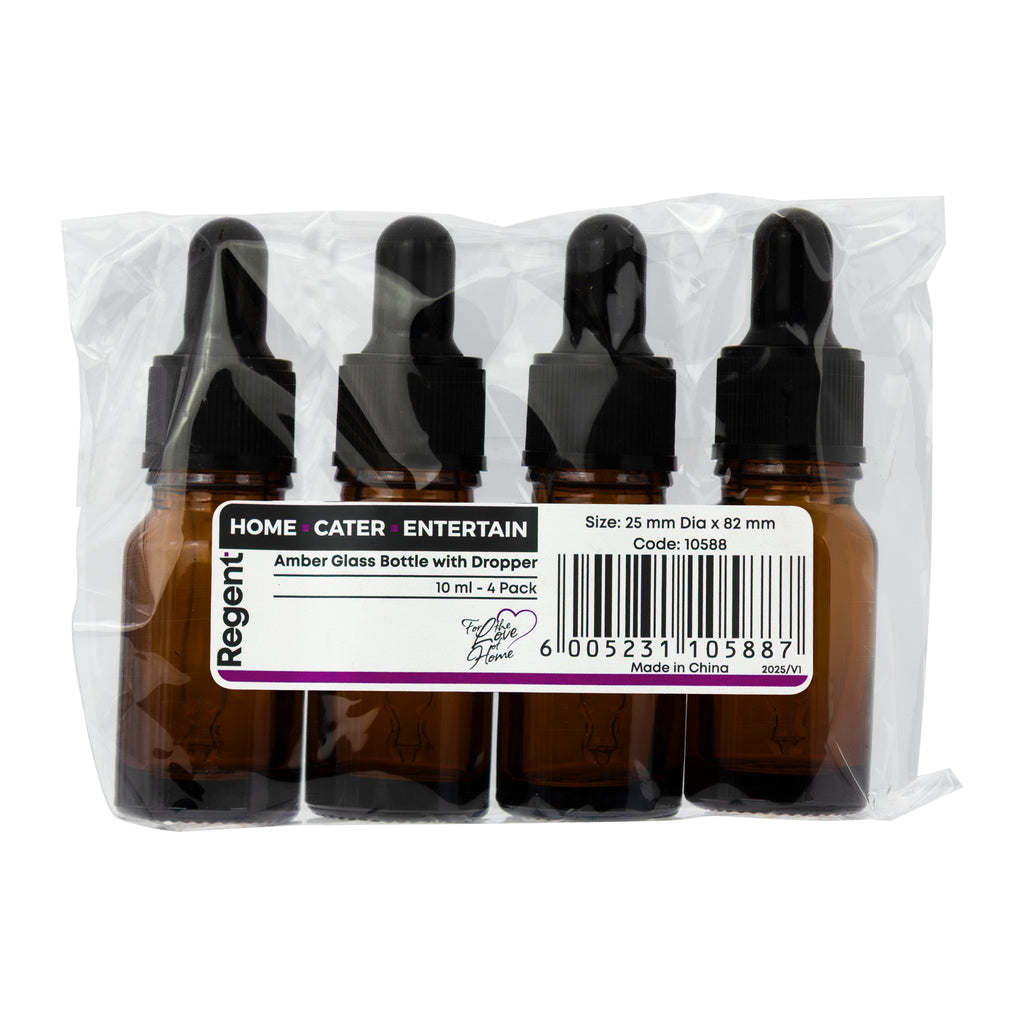 REGENT AMBER GLASS BOTTLES WITH BLACK PLASTIC DROPPER LIDS 4PK, 10ML