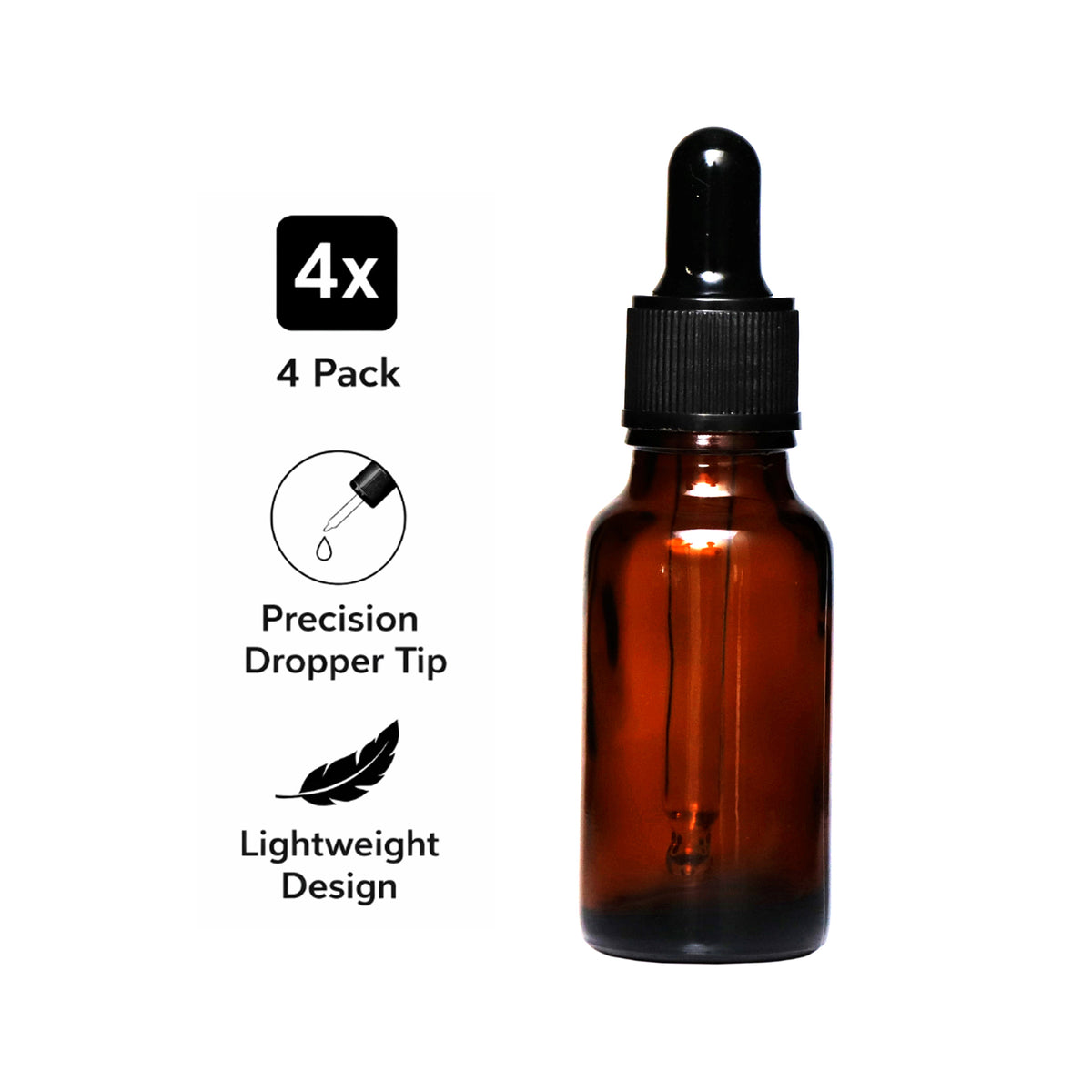 REGENT AMBER GLASS BOTTLES WITH BLACK PLASTIC DROPPER LIDS 4PK, 20ML