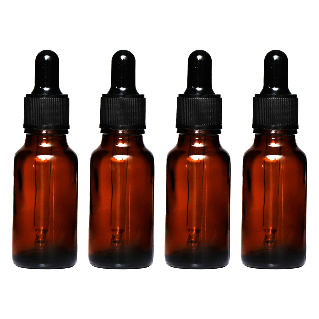 REGENT AMBER GLASS BOTTLE WITH BLACK PLASTIC DROPPER LID 4 PIECE, 20ML