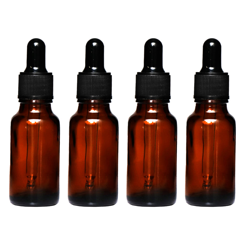 REGENT AMBER GLASS BOTTLE WITH BLACK PLASTIC DROPPER LID 4 PIECE, 20ML