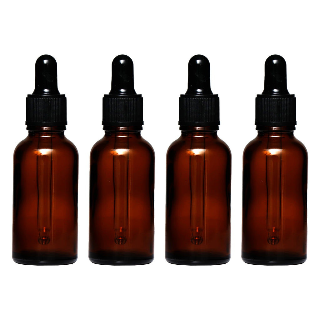 REGENT AMBER GLASS BOTTLES WITH BLACK PLASTIC DROPPER LIDS 4PK, 30ML
