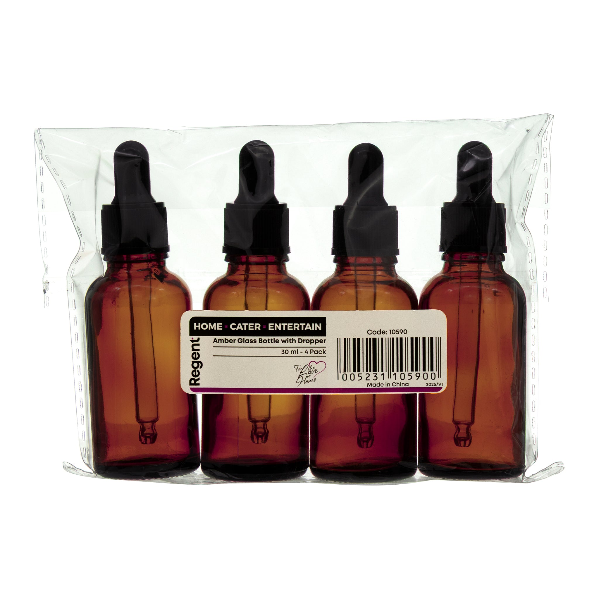 REGENT AMBER GLASS BOTTLES WITH BLACK PLASTIC DROPPER LIDS 4PK, 30ML