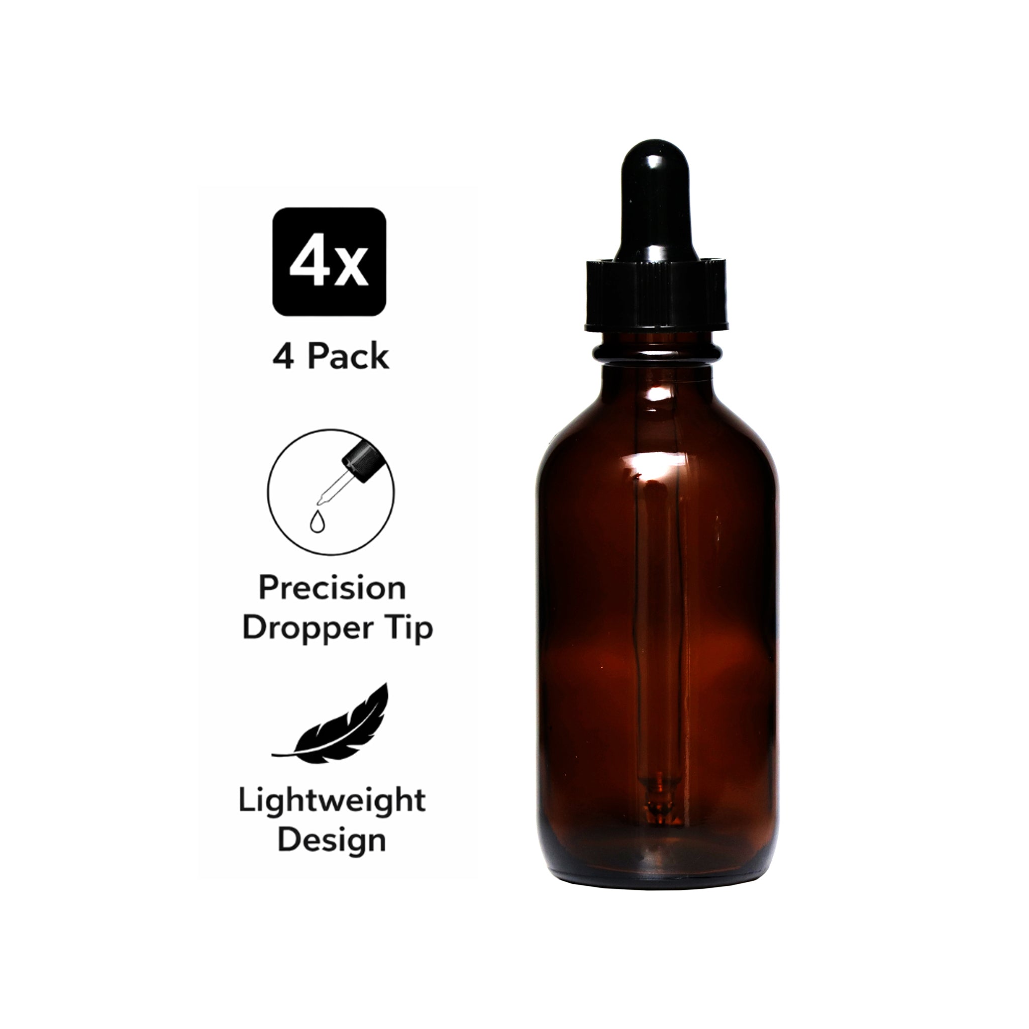 REGENT AMBER GLASS BOTTLES WITH BLACK PLASTIC DROPPER LIDS 4PK, 60ML