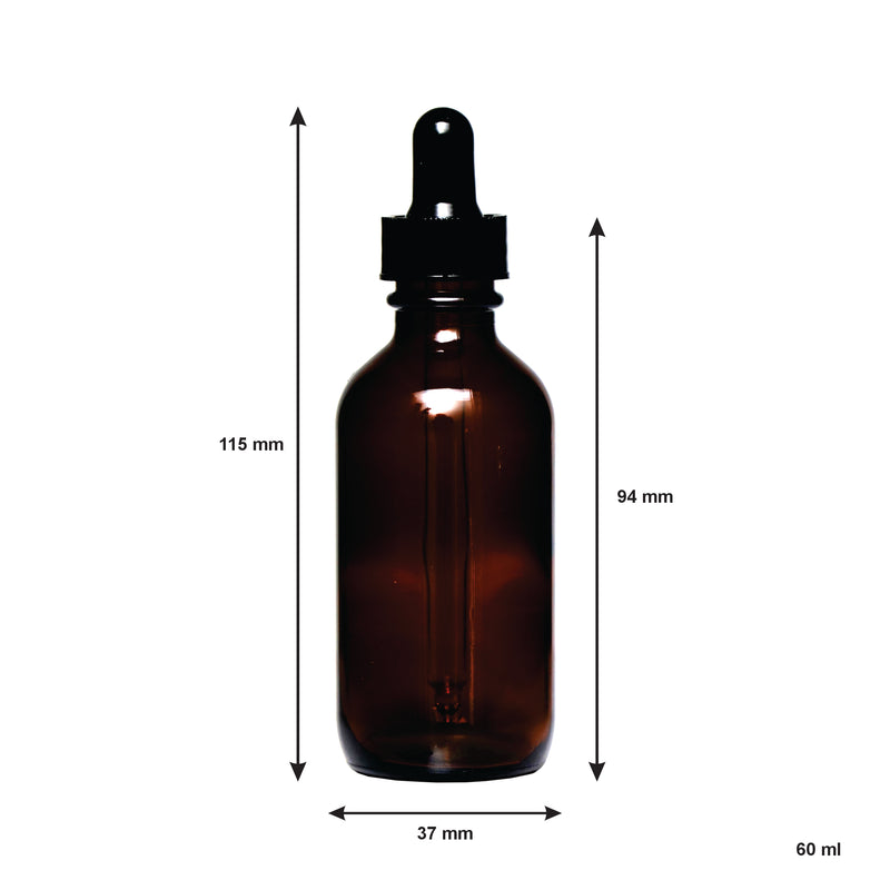 REGENT AMBER GLASS BOTTLE WITH BLACK PLASTIC DROPPER LID 4 PIECE, 60ML (37MM DIAX115MM)