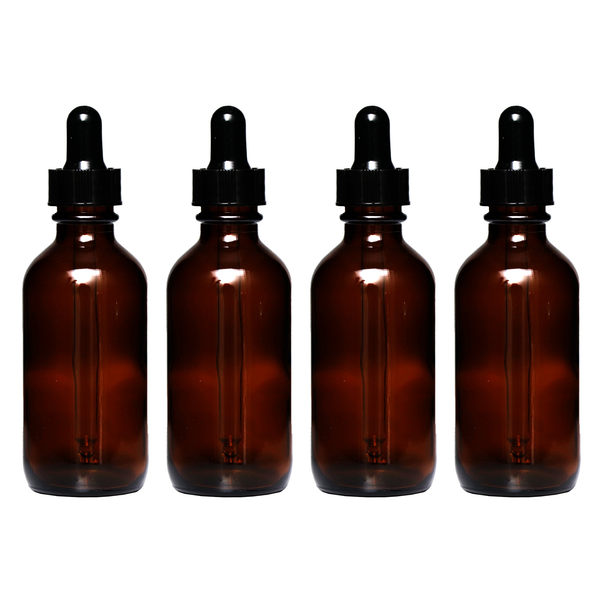 REGENT AMBER GLASS BOTTLES WITH BLACK PLASTIC DROPPER LIDS 4PK, 60ML