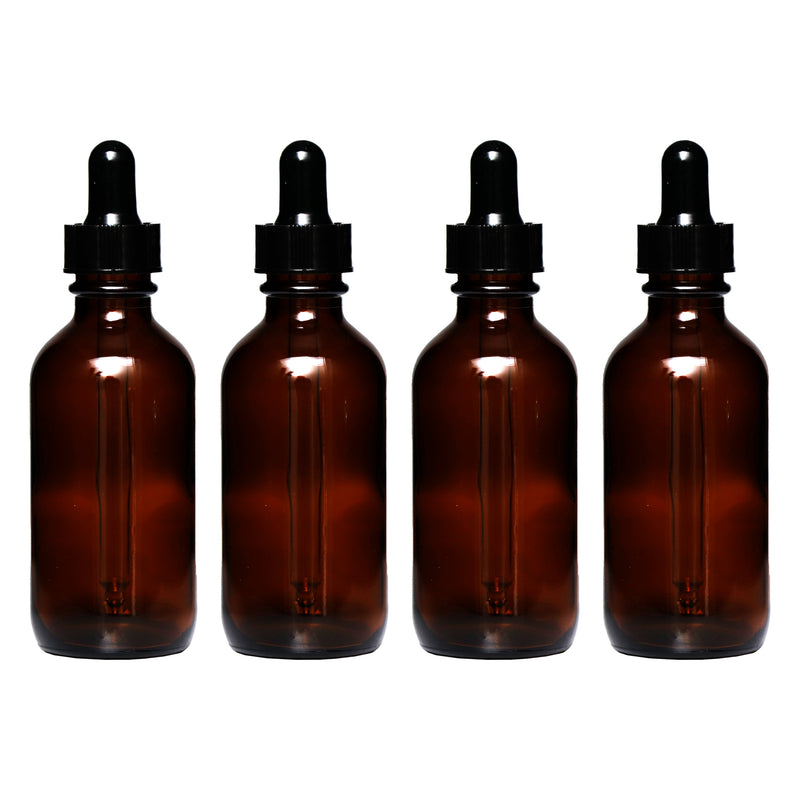 REGENT AMBER GLASS BOTTLE WITH BLACK PLASTIC DROPPER LID 4 PIECE, 60ML (37MM DIAX115MM)