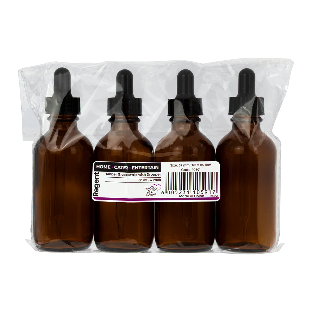 REGENT AMBER GLASS BOTTLES WITH BLACK PLASTIC DROPPER LIDS 4PK, 60ML