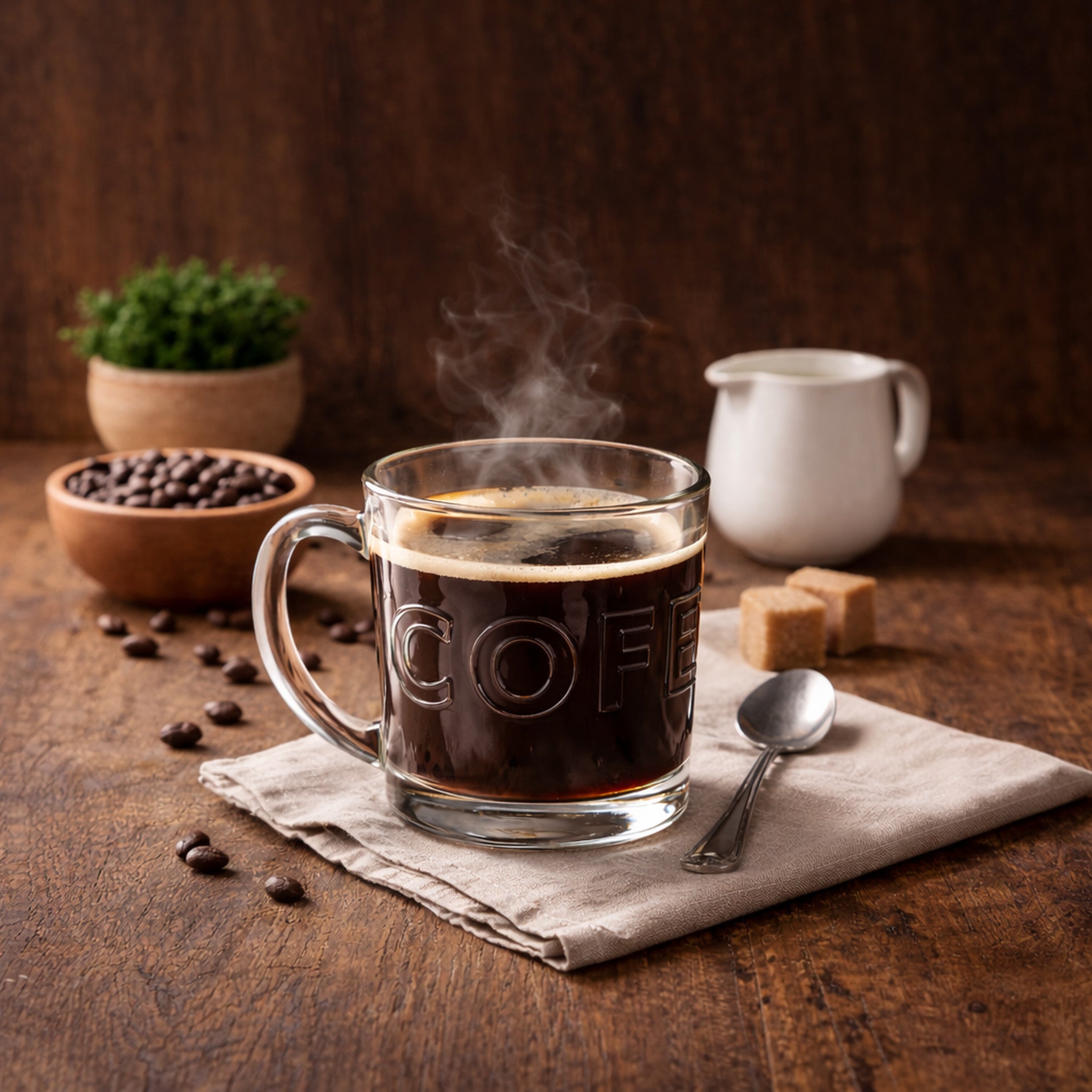 REGENT `COFFEE`EMBOSSED GLASS COFFEE MUGS 4PK, 380ML