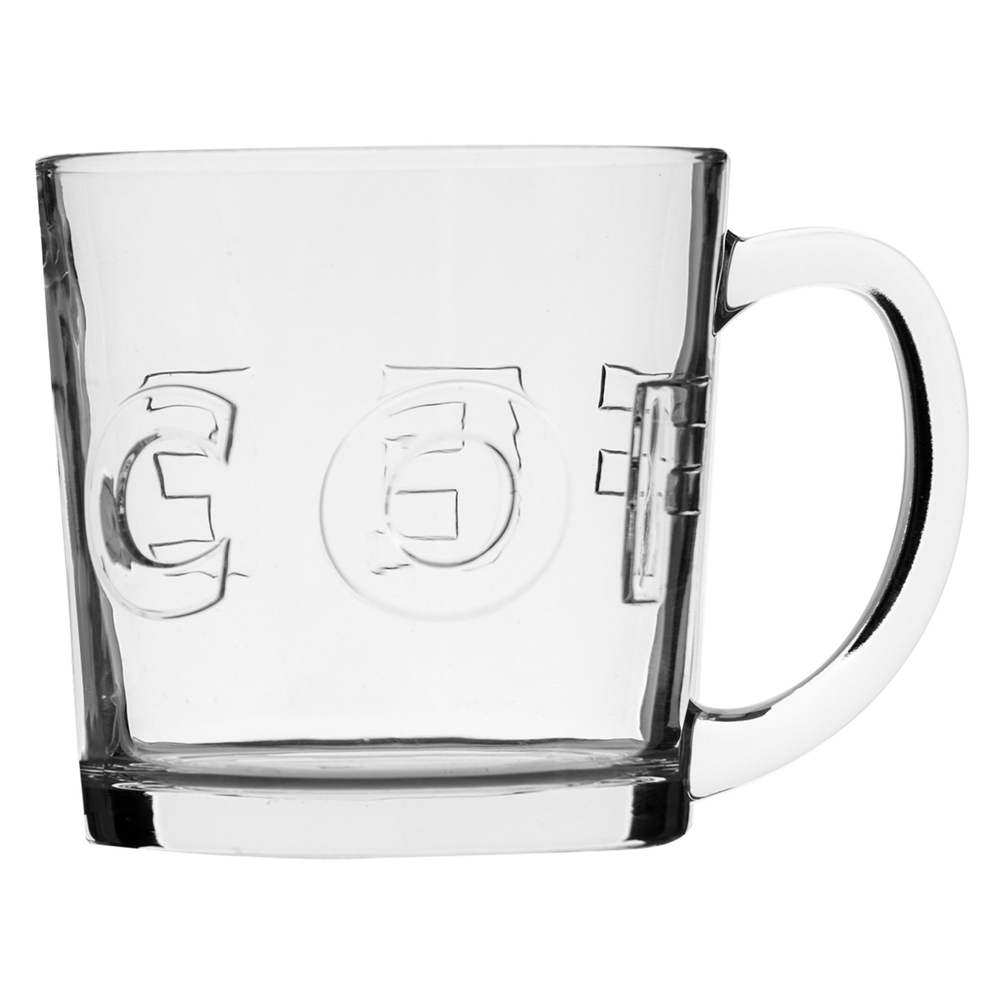 REGENT `COFFEE`EMBOSSED GLASS COFFEE MUGS 4PK, 380ML