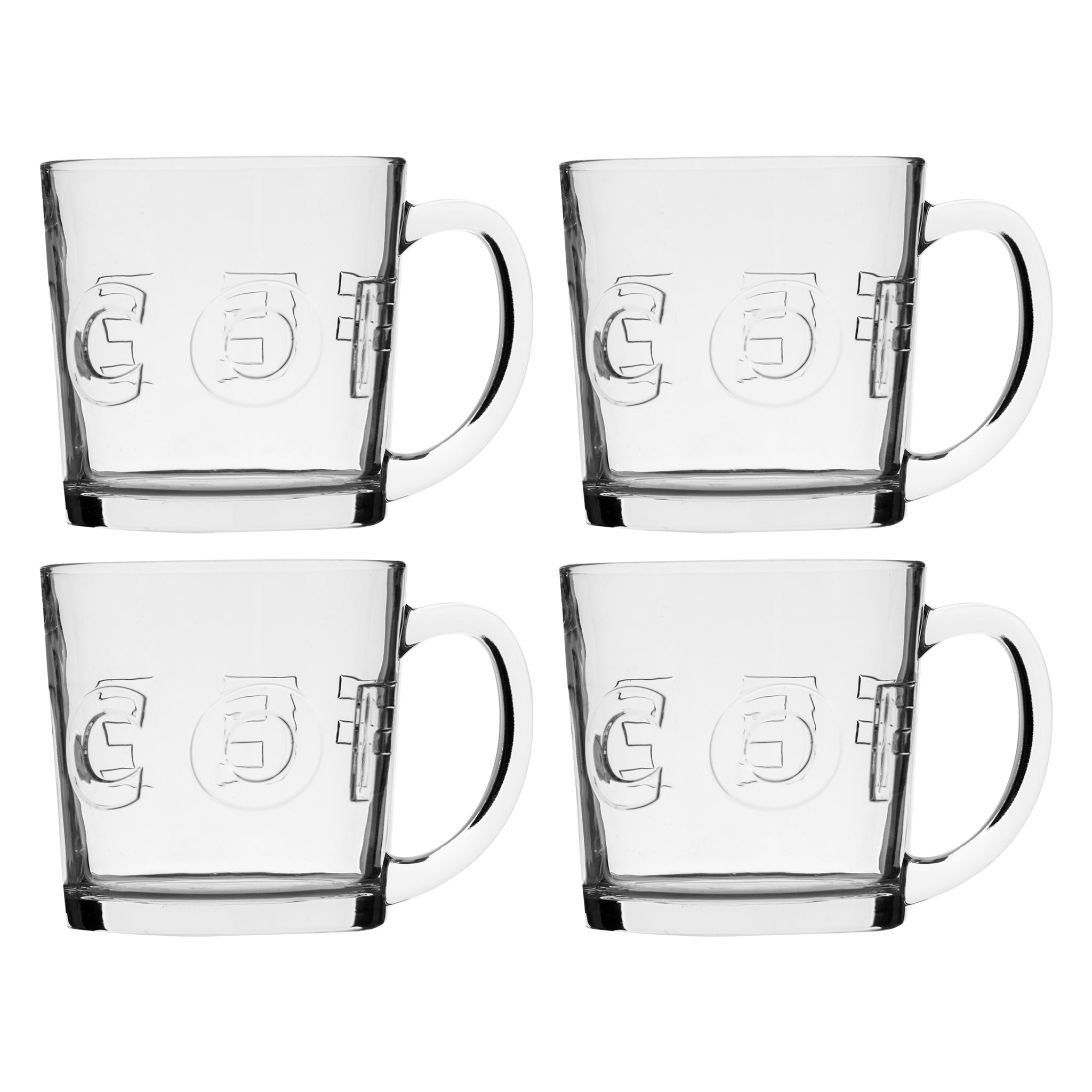 REGENT `COFFEE`EMBOSSED GLASS COFFEE MUGS 4PK, 380ML