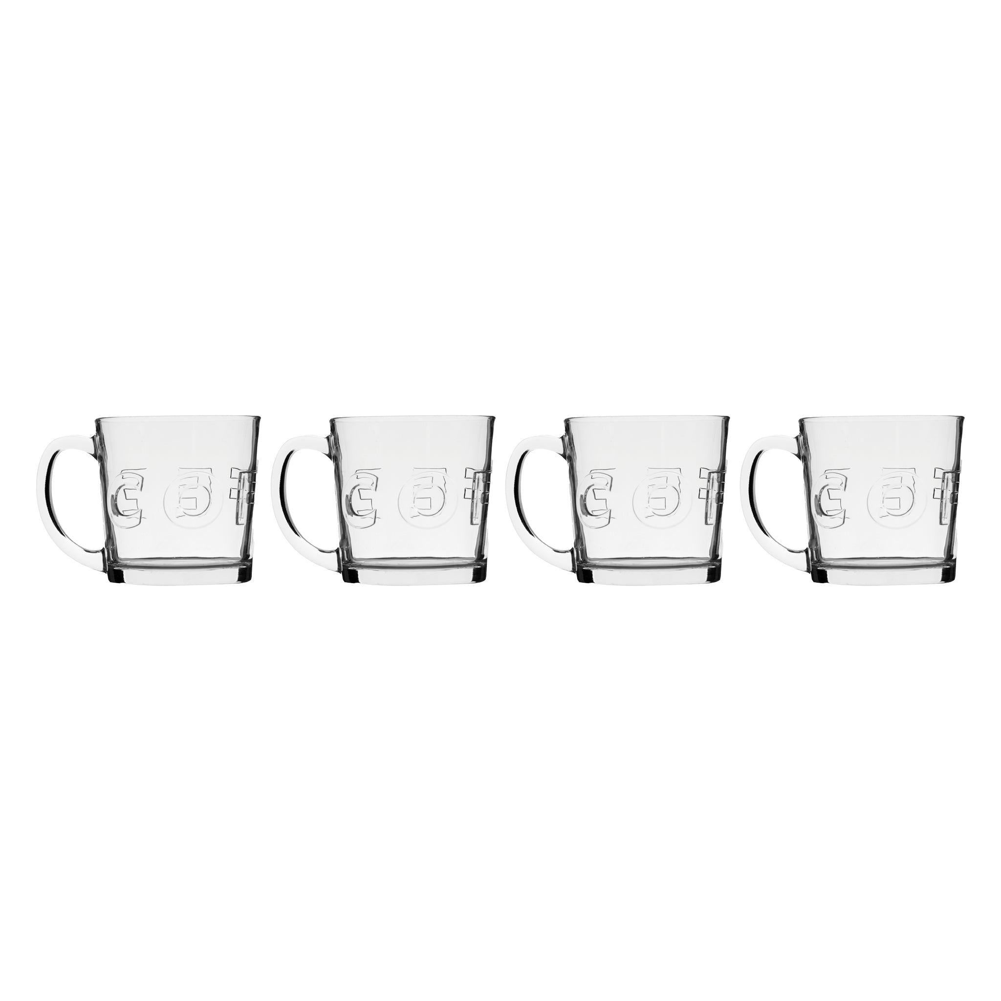 REGENT `COFFEE`EMBOSSED GLASS COFFEE MUGS 4PK, 380ML